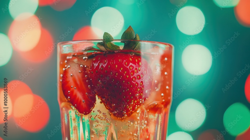 Poster a refreshing drink with strawberries, sparkling bubbles, and a colorful bokeh background.