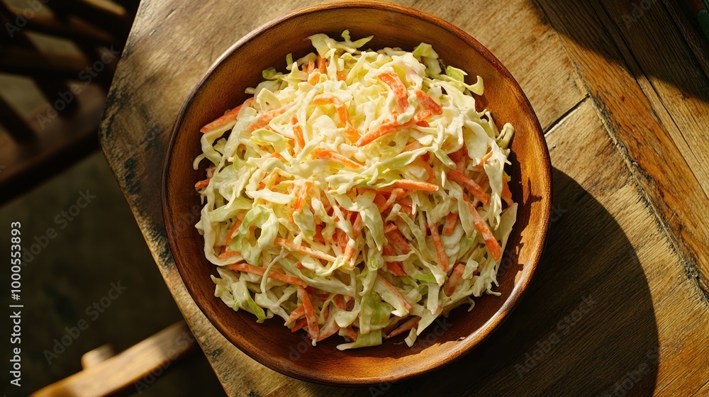 Wall mural A bowl of coleslaw made with shredded cabbage and carrots on a wooden table.