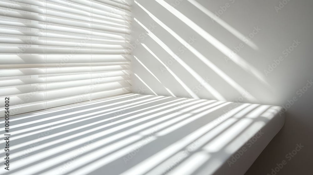 Poster clean white wall background with sunlight shining through blinds, creating striped shadow patterns