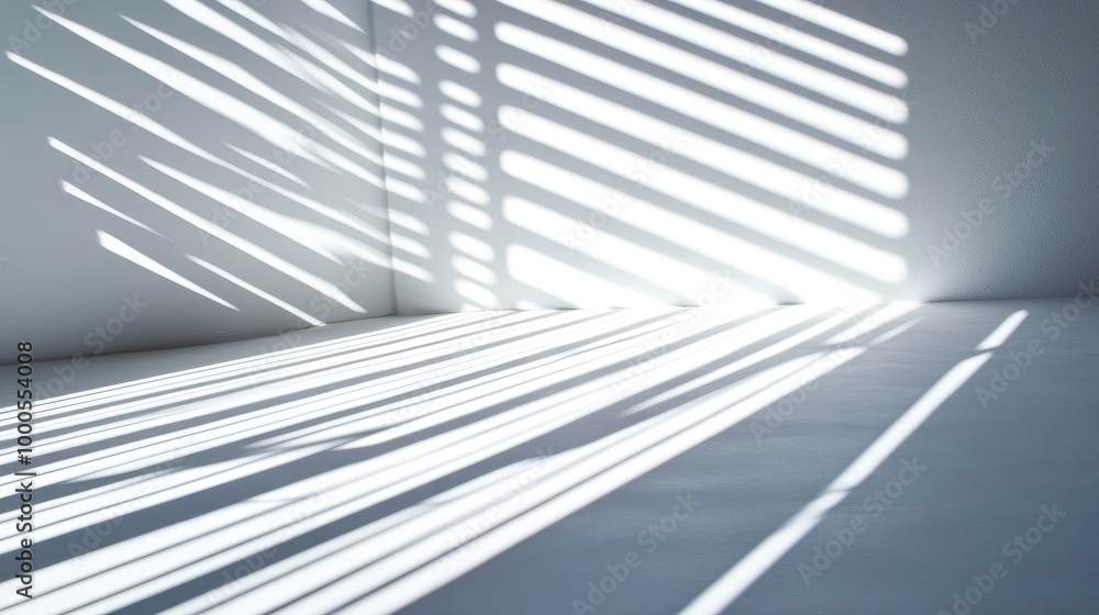 Poster clean white wall background with sunlight shining through blinds, creating striped shadow patterns