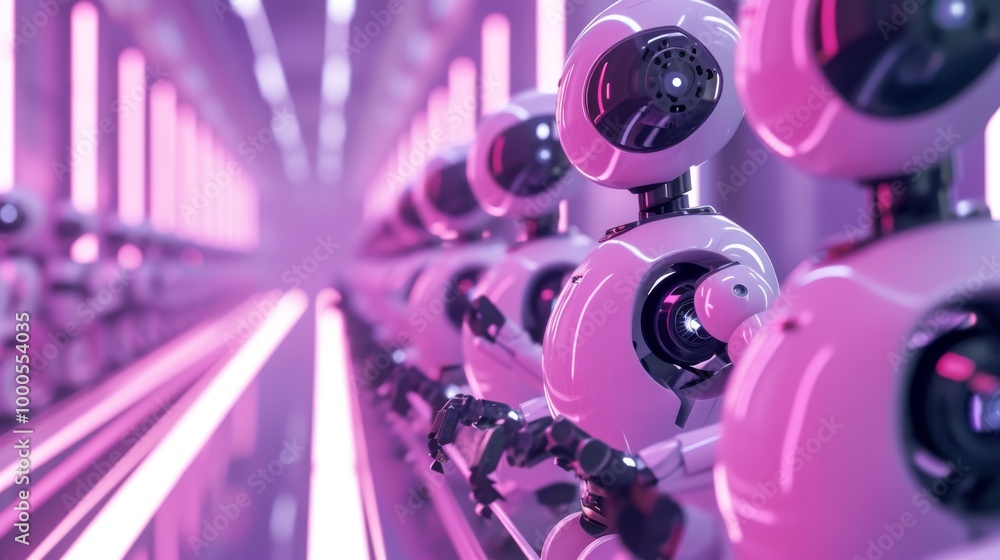 Poster a close-up view of humanoid robots standing in line within a futuristic factory environment. the glo