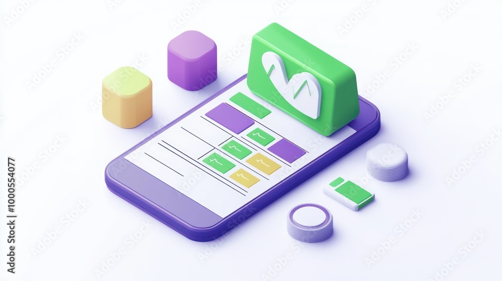 Poster a 3d illustration of a smartphone displaying analytics and colorful geometric shapes.