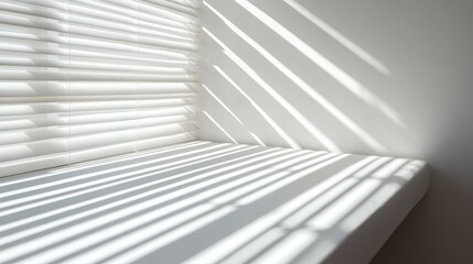 Obraz premium Clean white wall background with sunlight shining through blinds, creating striped shadow patterns