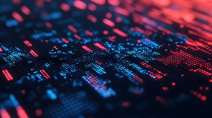 A vibrant, abstract representation of digital data, showcasing glowing blue and red patterns on a dark background, evoking themes of technology and information flow.