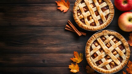 Two freshly baked apple pies arranged on a wooden surface, surrounded by autumn leaves, apples, and cinnamon sticks, evoking a warm, cozy fall atmosphere.