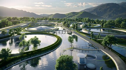 Stunning aerial view of a modern landscape showcasing water features, greenery, and serene natural beauty.