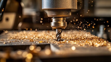 A close-up of a milling machine in action, producing metal shavings.