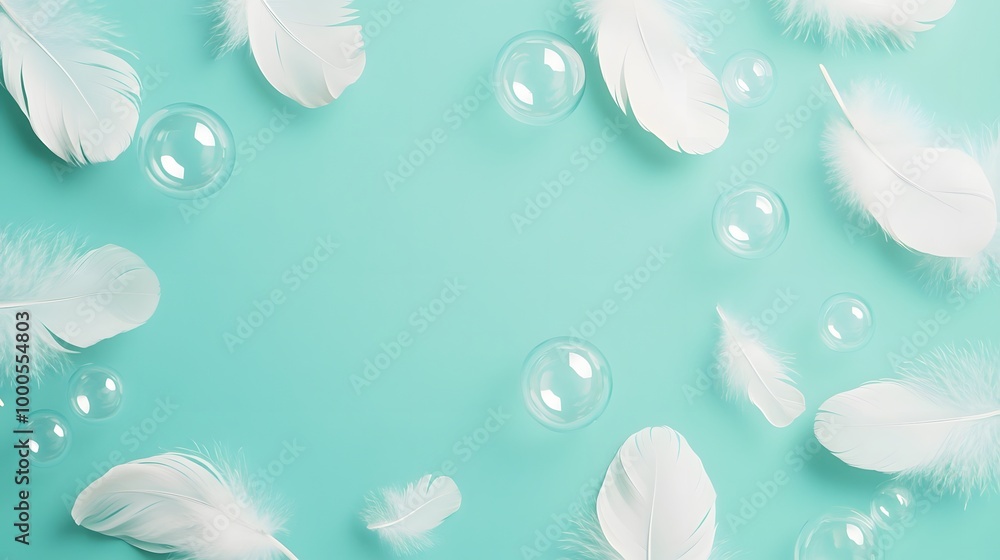 Poster a serene arrangement of white feathers and bubbles on a soft turquoise background, creating a whimsi