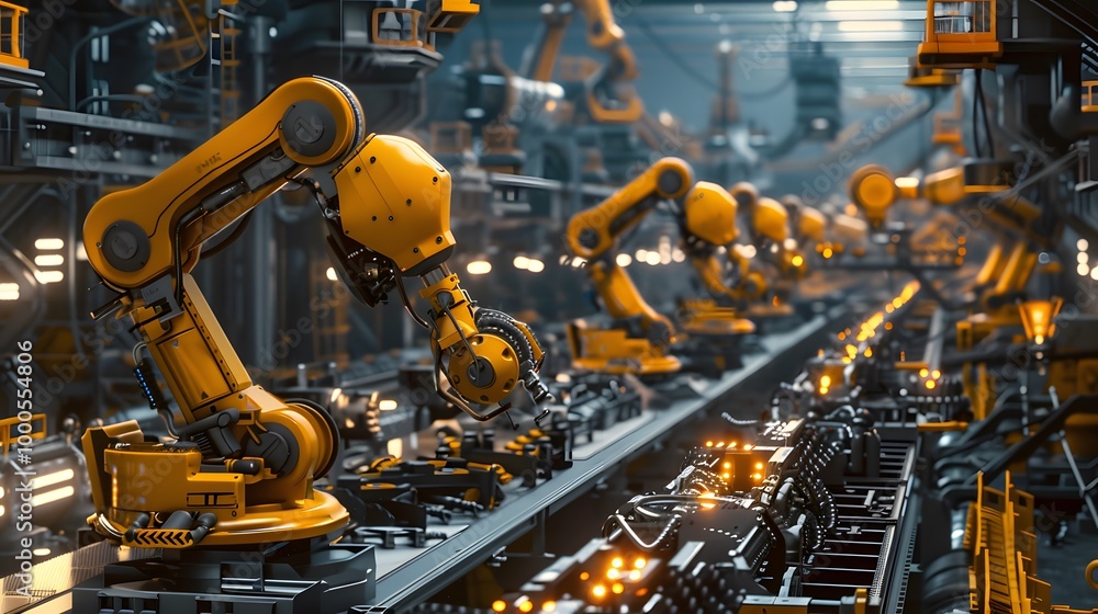 Poster a futuristic industrial scene showcasing robotic arms working on an assembly line in a high-tech fac