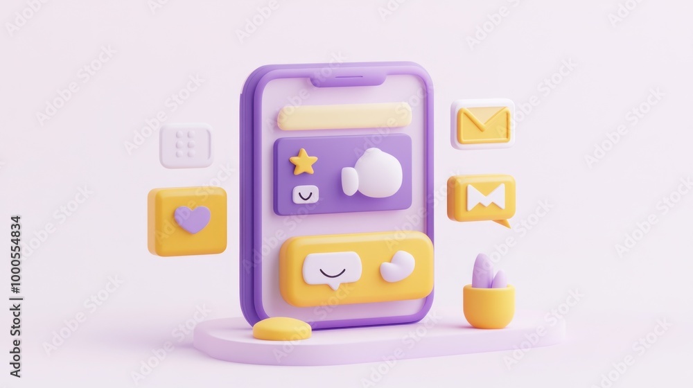 Poster a colorful, 3d illustration of a smartphone interface with various app icons and elements.