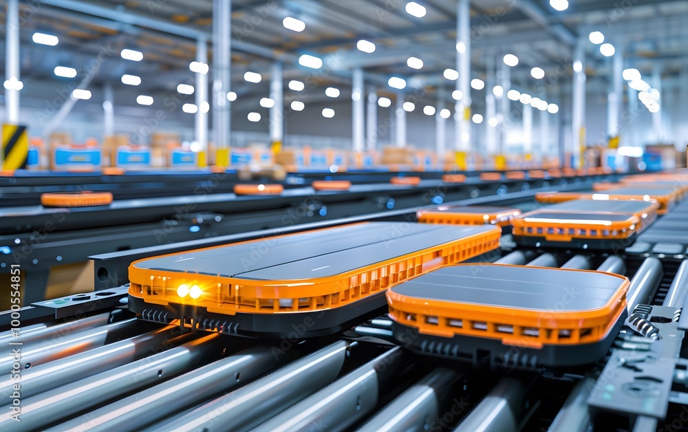 Poster automated warehouse system with smart robots transporting goods on conveyor belts, showcasing advanc