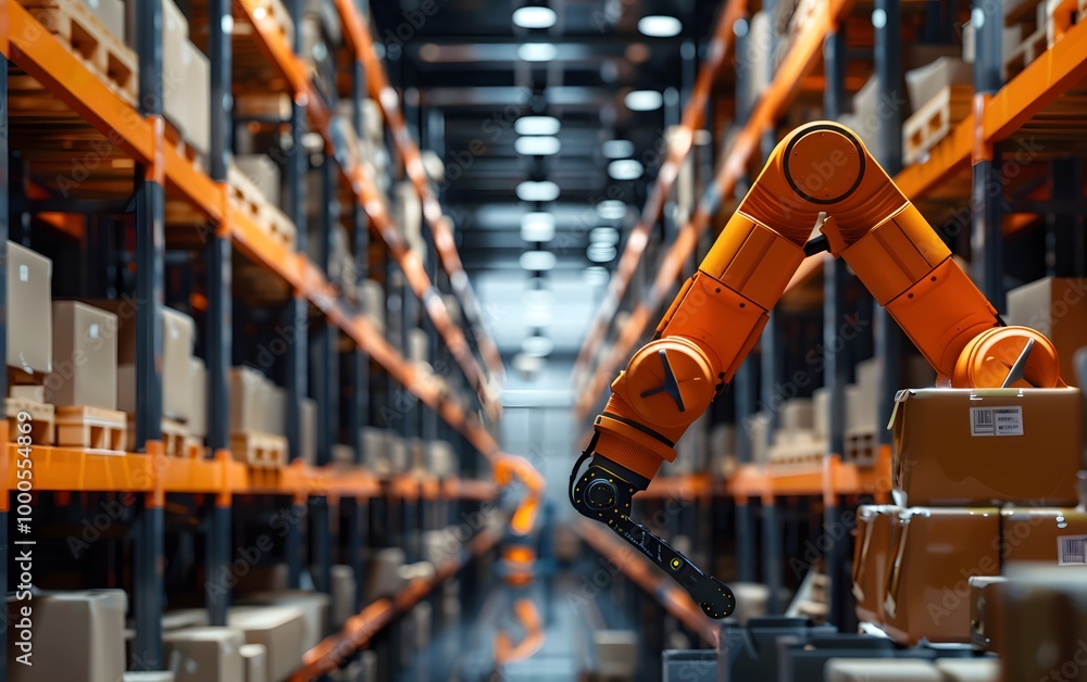 Poster automation in modern warehouse with robotic arm managing boxes on shelves, showcasing efficiency and