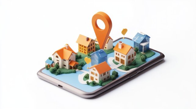 A smartphone displaying a miniature neighborhood with a location pin.