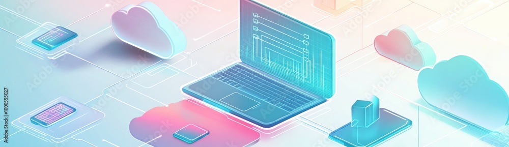 Poster digital illustration of a laptop with cloud computing elements and data visualization.