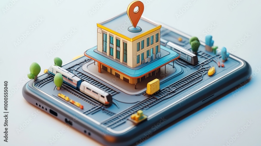 Poster a stylized smartphone displaying a train station model with tracks and trees.