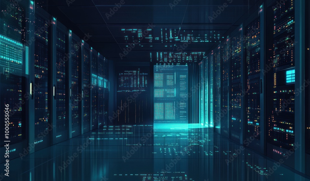 Poster a futuristic server room with glowing data panels and rows of servers.