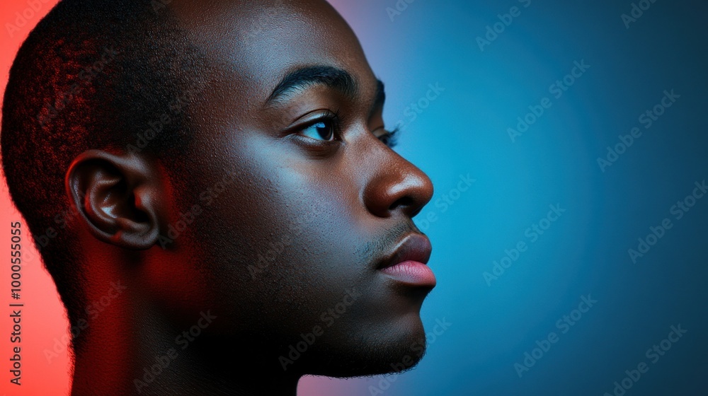 Poster A close-up profile of a person against a colorful background, emphasizing facial features.