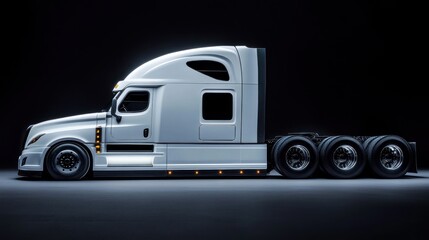 A sleek, modern semi-truck in a dramatic lighting setup, showcasing its design and features.