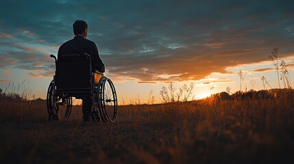 A person in a wheelchair gazes at a sunset in a serene outdoor setting.