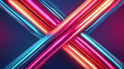 A vibrant, abstract composition featuring intersecting neon lines in blue and pink against a dark background.
