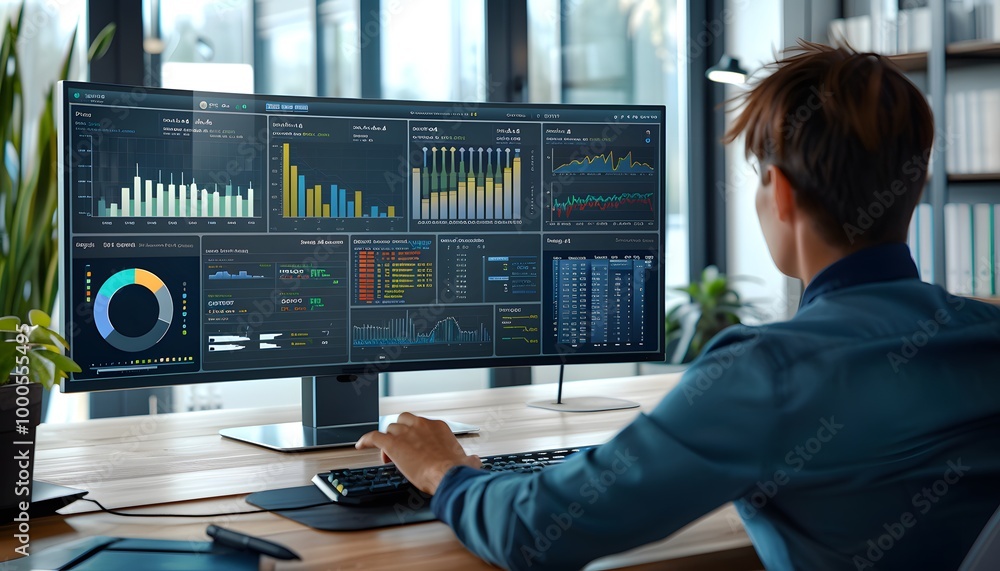 Poster a professional analyzing data on multiple screens in a modern office, showcasing graphs and charts f