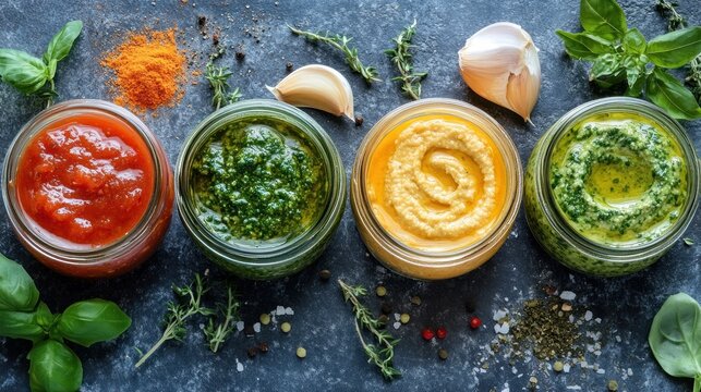 A vibrant array of sauces in jars, surrounded by fresh herbs and spices for culinary use.