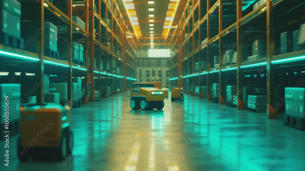 Poster multiple autonomous vehicles traverse a well-lit warehouse with modern storage racks, demonstrating 