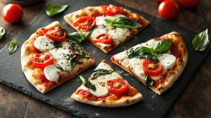 Dark slate plate with homemade pizza slices, featuring fresh basil, mozzarella, and tomatoes, for a rustic feel
