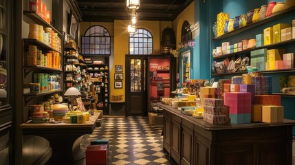 A charming shop interior filled with colorful products and organized shelves.