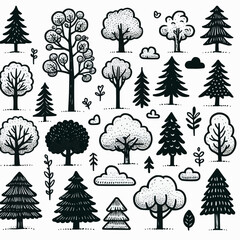 Cartoon tree set with hand drawn elements isolated on white background. Flat trees doodle design. Simple nature silhouettes outlines vector illustration. Mango tree, spruce, asian, european trees.