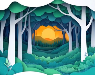 A serene paper-cut landscape featuring a sunset through trees and rolling hills.