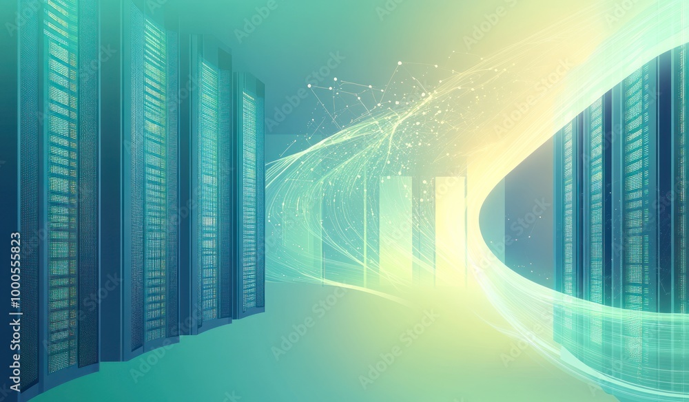 Poster a digital representation of a data center with glowing elements and a futuristic ambiance.