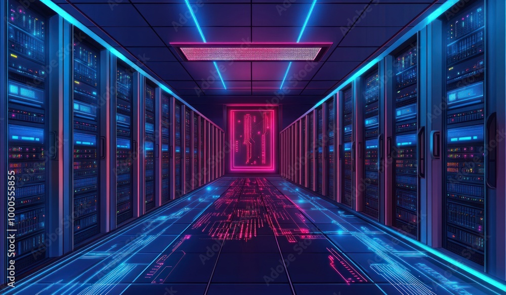 Poster a futuristic data center corridor illuminated with neon lights and digital patterns.