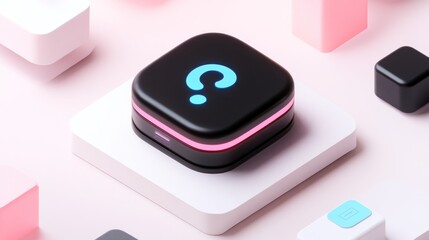 A sleek black device with a glowing question mark, surrounded by geometric shapes.