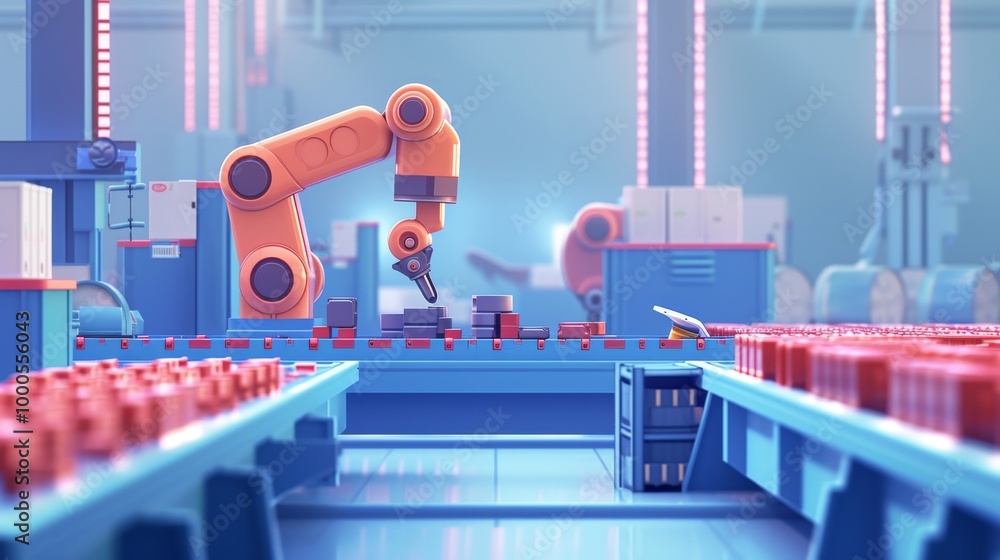 Poster a robotic arm precisely assembles parts on a conveyor belt in a highly automated, futuristic factory