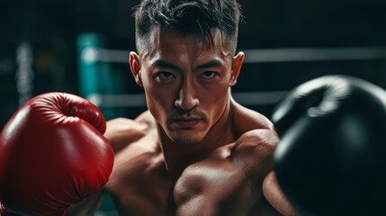 A focused boxer in red gloves blocks a punch in a dark gym, intensity in his eyes.