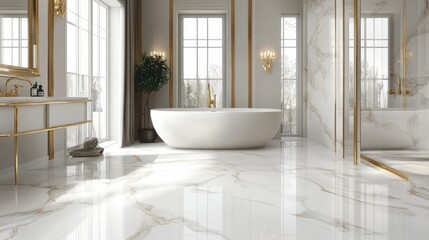 Elegant white marble floor in a luxury bathroom, with natural light and gold accents enhancing the opulence