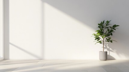 Empty white wall in a modern living room interior with a potted plant in the corner, simple and cozy design