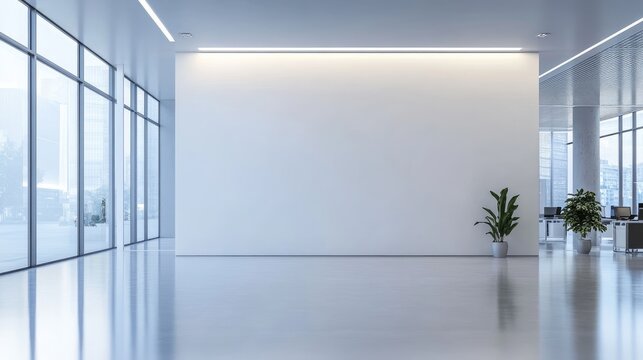 Empty white wall in a modern office space with soft lighting, providing a sleek and professional feel