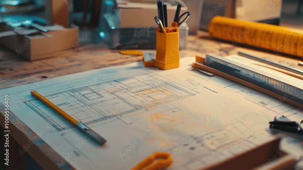 Poster a workspace with architectural blueprints and drafting tools for design projects.