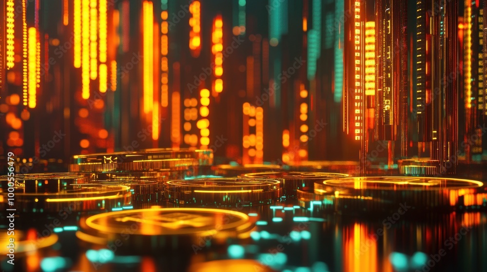Poster a digital representation of cryptocurrency with glowing coins and vibrant data streams.