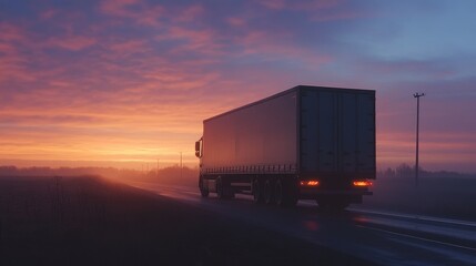 Obraz premium A truck drives along a road at sunset, creating a serene and industrial scene.