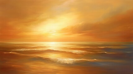 Obraz premium Glowing golden sky with fiery colors at dusk, casting a warm light on a tranquil ocean with gentle waves