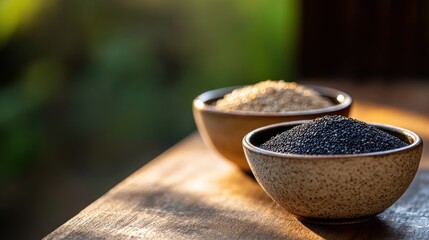 Two bowls filled with black and white sesame seeds on a wooden table.