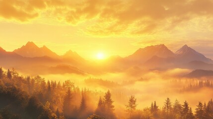 Obraz premium Golden sky at sunrise with mist rolling over a mountain range, offering a serene and peaceful nature scene