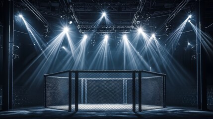 Dramatic MMA ring lit by spotlights with an empty spectator area, creating a moody and anticipative scene.