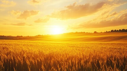 Fototapeta premium Golden sky over a countryside field at dawn, with golden light casting long shadows and a peaceful morning feel