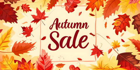 Autumn Sale Banner with Colorful Fall Leaves on Beige Background