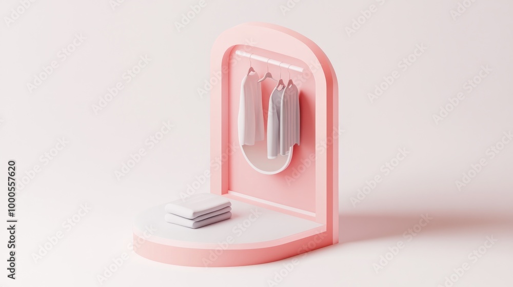 Poster a minimalistic display featuring hanging towels and stacked linens in soft pastel colors.