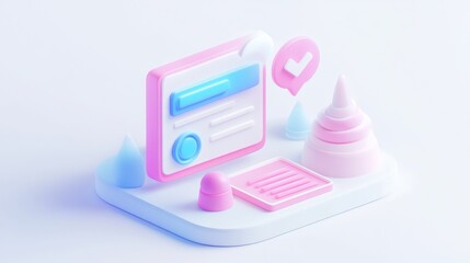 A 3D illustration of a user interface with checkmarks and geometric shapes.